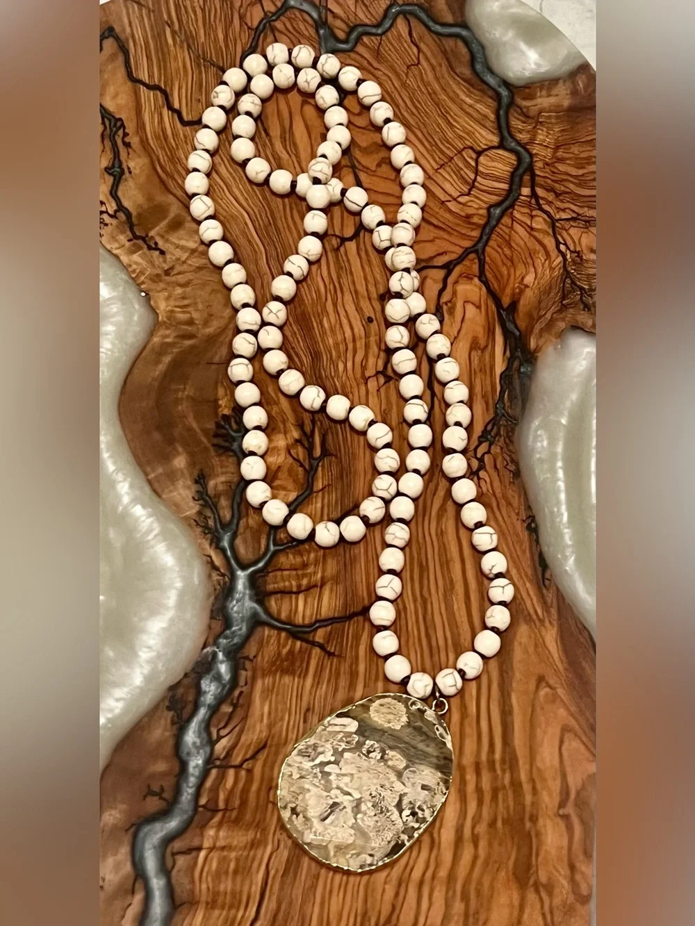 Natural Stone Bead Necklace with Textured Gold Pendant - Cream